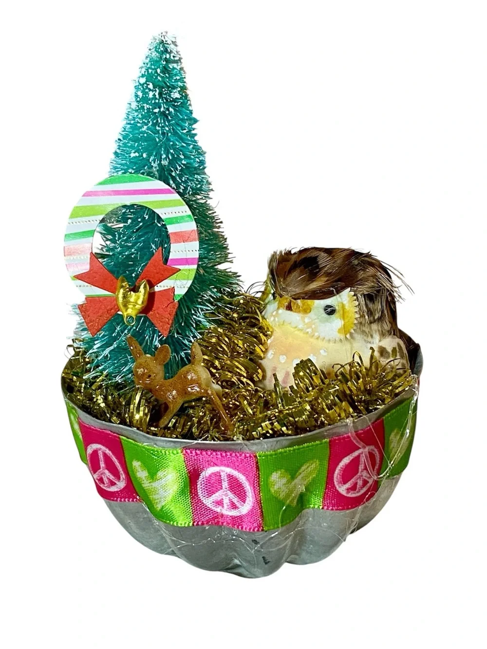Handmade Holiday Christmas Vignette with Owl and Tree